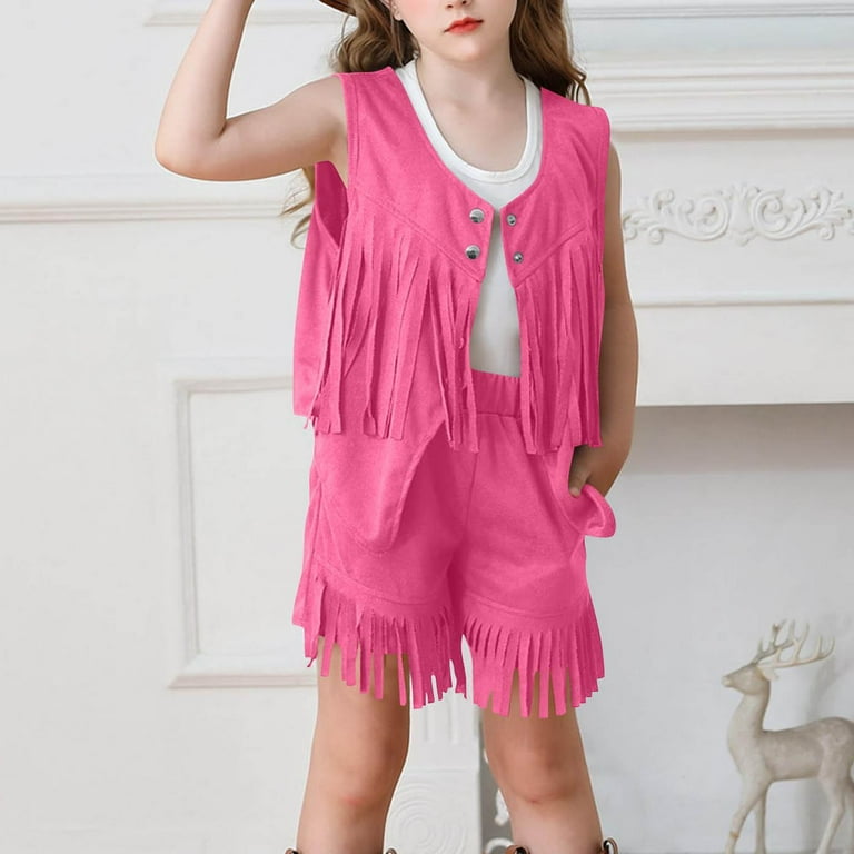 Western Cowgirl Little Girl Outfit Faux Suede Fringe Vest Tassel