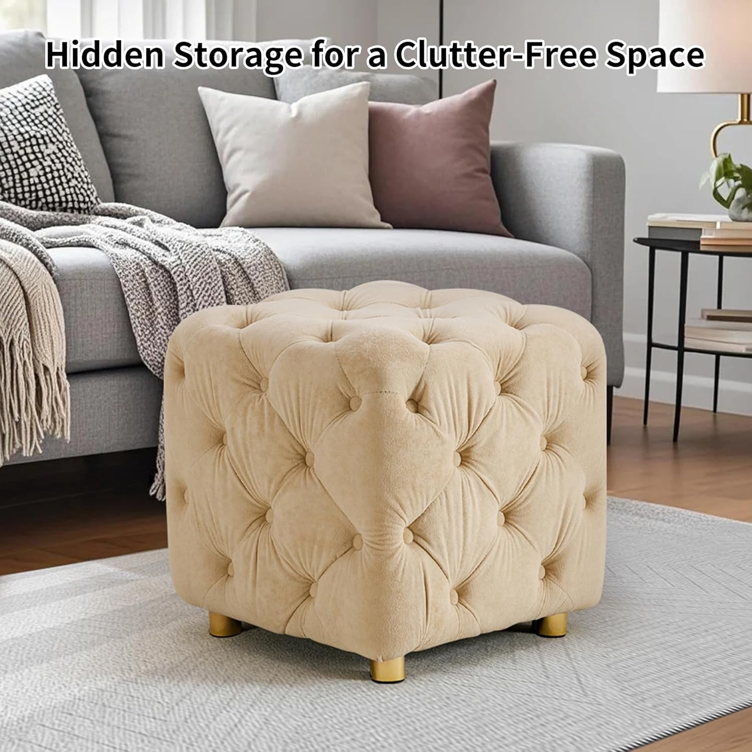 LEHZROAJ Button Tufted Velvet Vanity Stool with Metal Legs, Modern Makeup Ottoman, Upholstered Foot Rest Footstool for Living Room Bedroom （Beige）