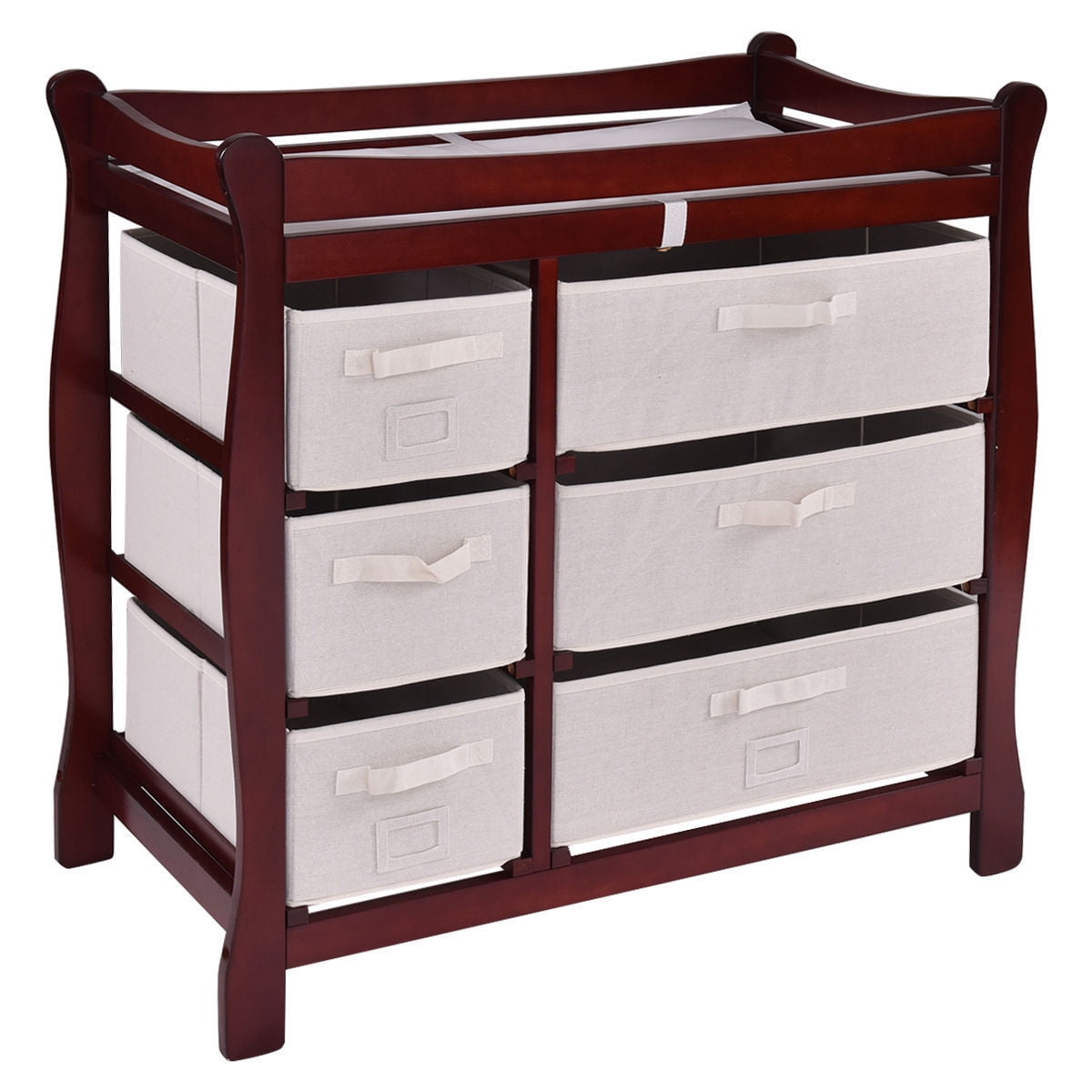 Costway Cherry Sleigh Style Baby Changing Table Diaper 6 Basket