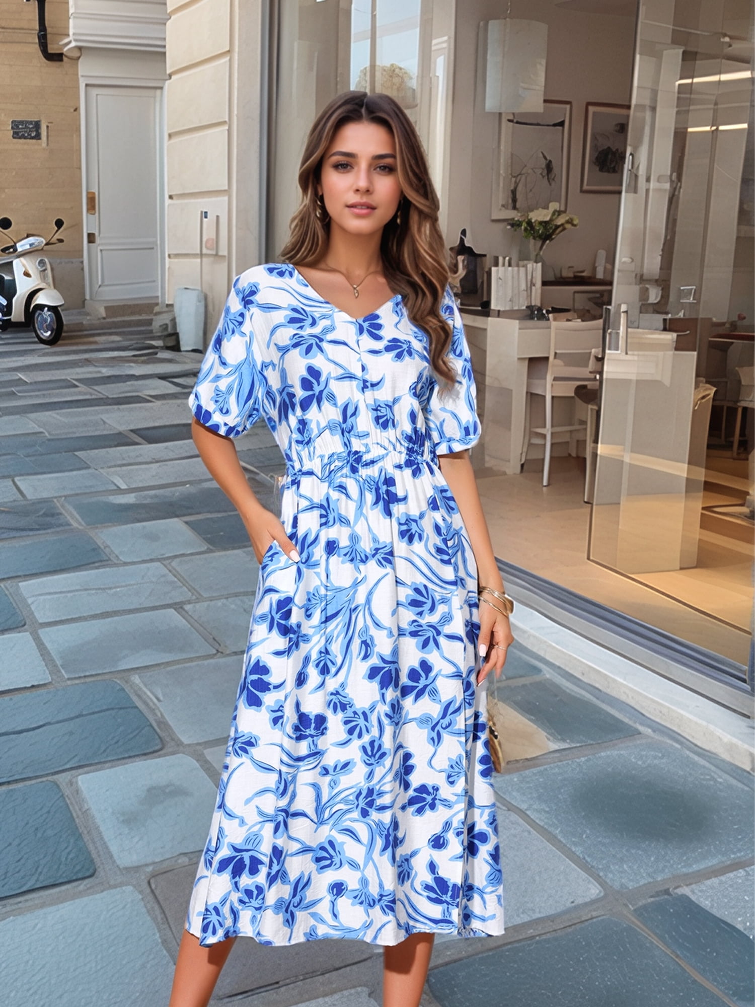 DARING DIVA Loose Boho V Neck Short Sleeve Tie Waist Floral Maxi Dress XL Blue