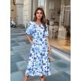 thumbnail image 2 of DARING DIVA Loose Boho V Neck Short Sleeve Tie Waist Floral Maxi Dress S Blue, 2 of 8