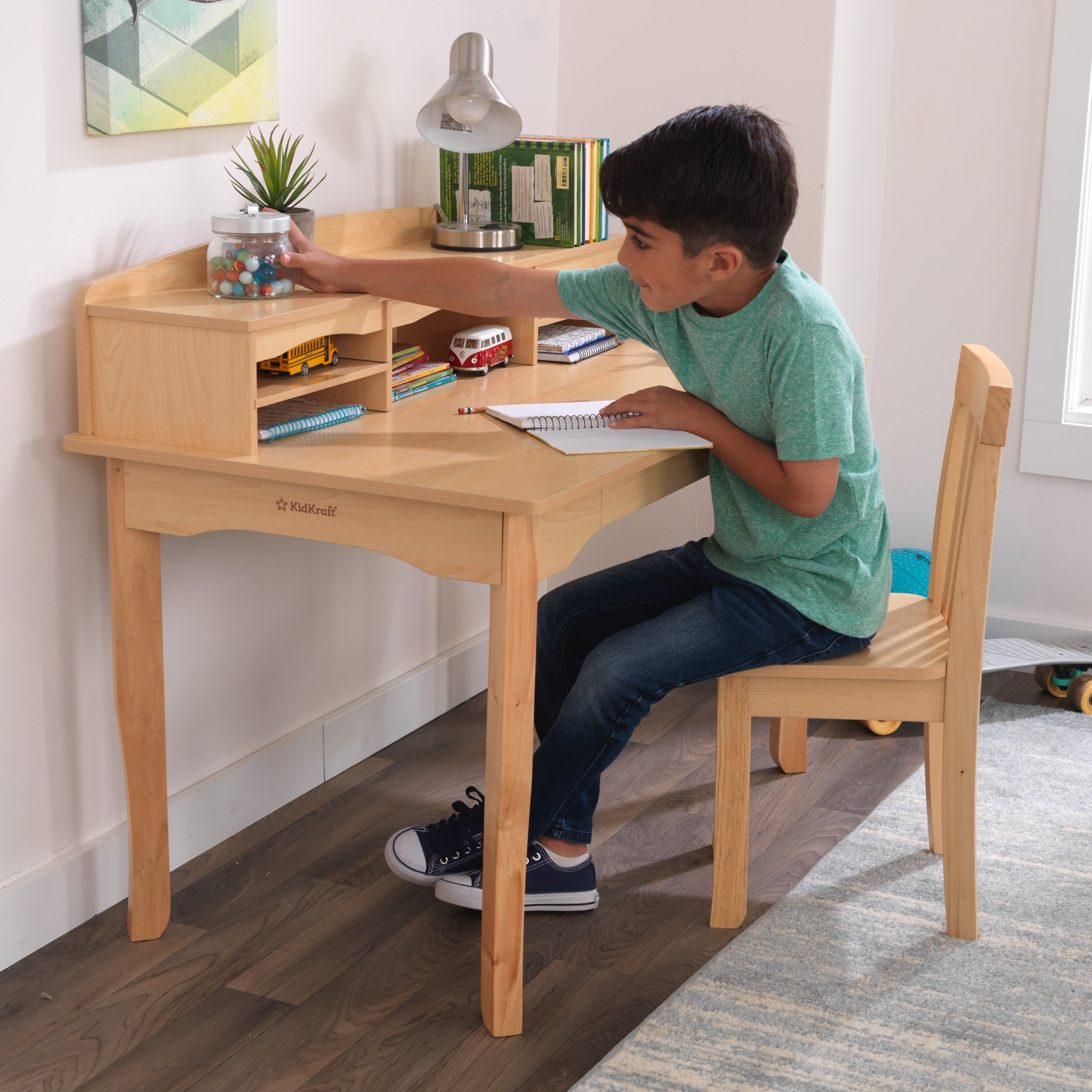 KidKraft Avalon Study Table for Kids Wooden Writing Reading Desk with Hutch Chair and Storage White Walmart