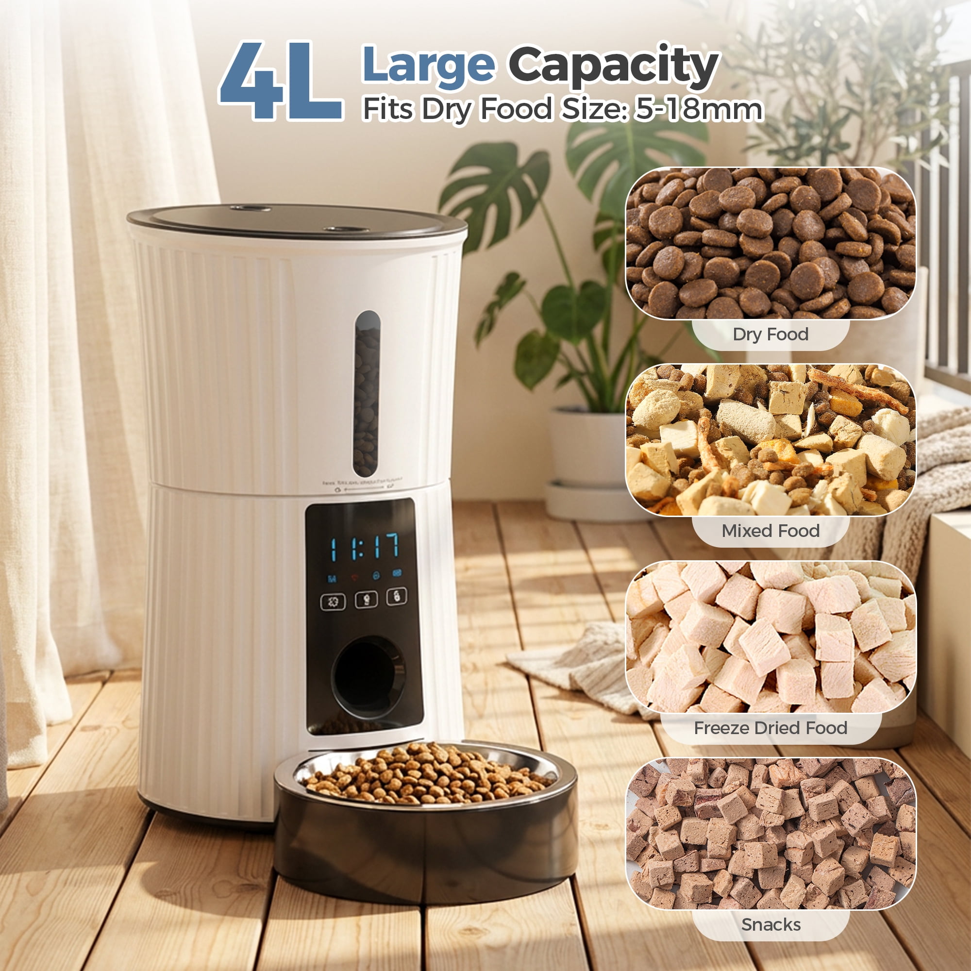 SHOUFTW 4L Automatic Pet Feeder for Cats & Dogs, Timed Dry Food Dispenser with Portion Control, Voice Recorder, Dual Power,White
