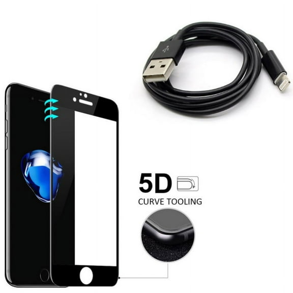 iPhone 7/8 PLUS Screen Protector w USB Cable - Tempered Glass 5D Touch Curved Edge Full Cover, Charger Cord Power Wire Sync for iPhone 8 PLUS/7 Plus