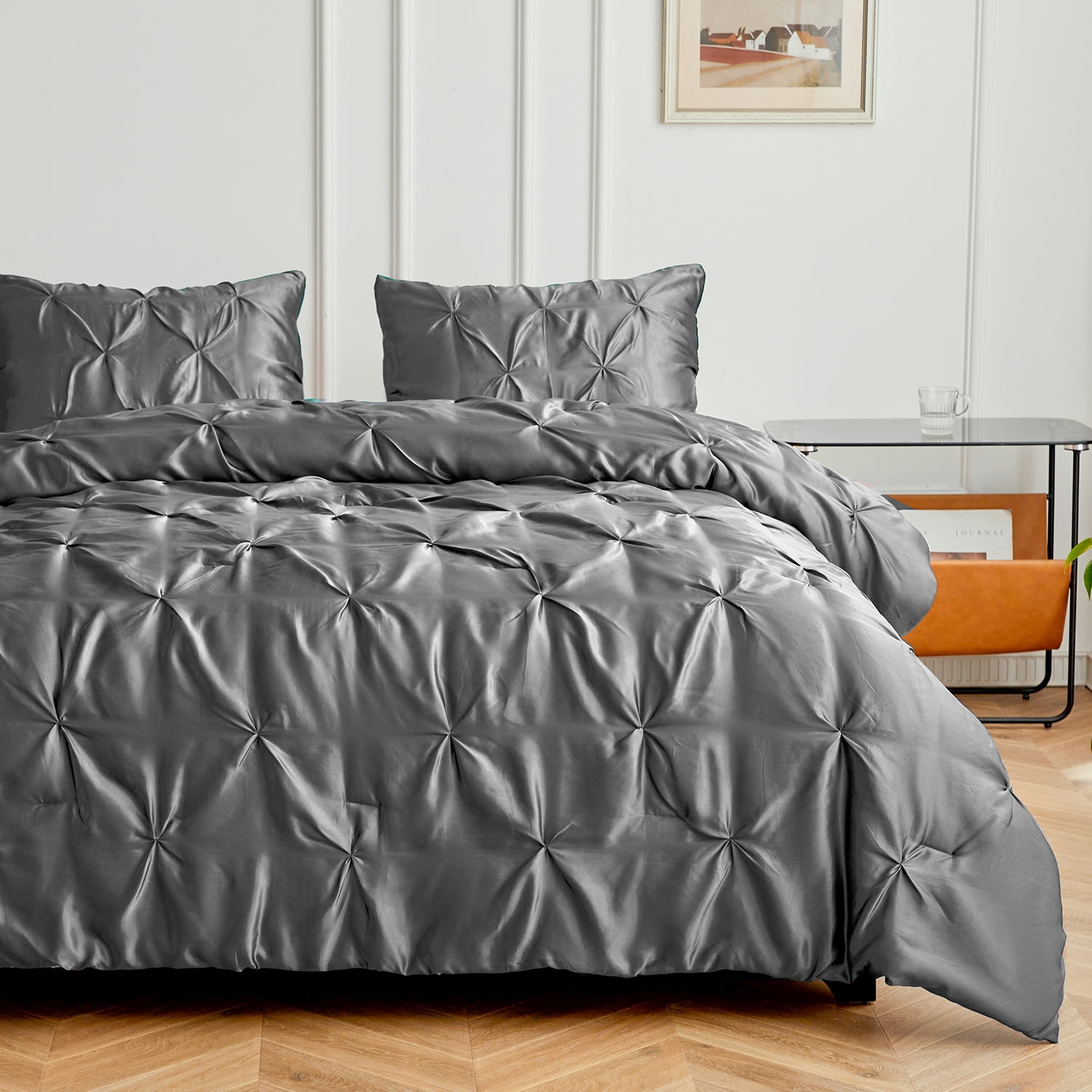 MR&HM Satin Comforter Queen Set 3pcs, Pintuck Beddding Sets with