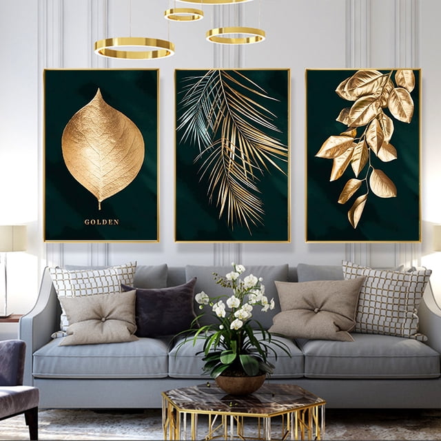 Juego de 3 pósteres de pared de diseño bosque hoja dorada palmera decoración de pared de salón sin marco (núcleo de pintura) LingWen 9024715613622