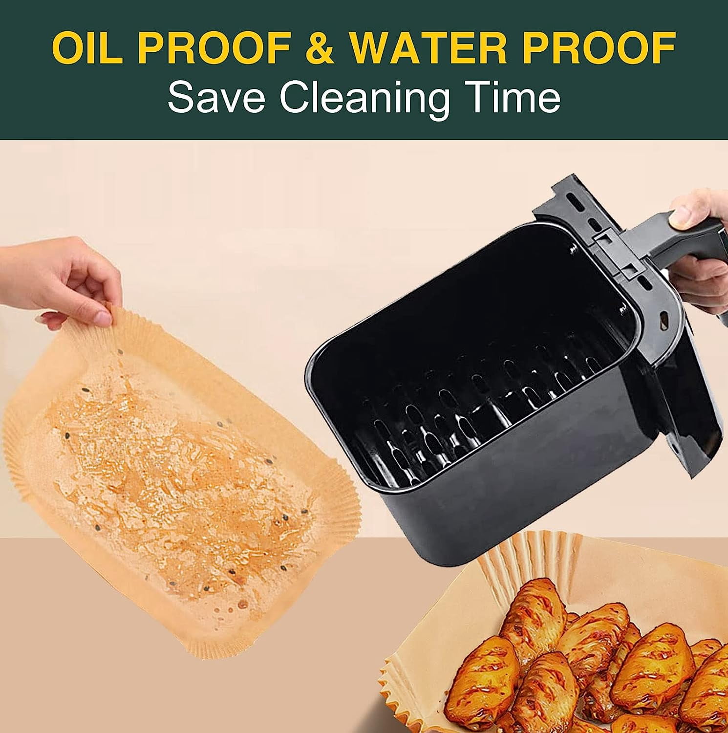 SUNYOK 100 Pcs Air Fryer Liners, 8.6in Rectangle Non-Stick Air Fryer Disposable Paper Liner, Unbleached Oil-Proof Airfryer Liners, Natural Air Fryer Parchment Paper Liners for Fryers Frying Pan