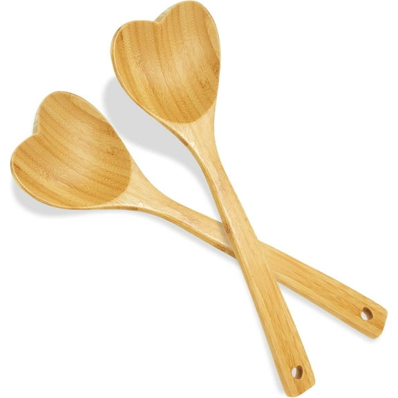 Kiibsot 2 Pack Wooden Heart Spoons for Cooking, 12.2 Inch Long Handle Bamboo Spoon Kitchen Utensils for Housewarming, Valentines, Birthday