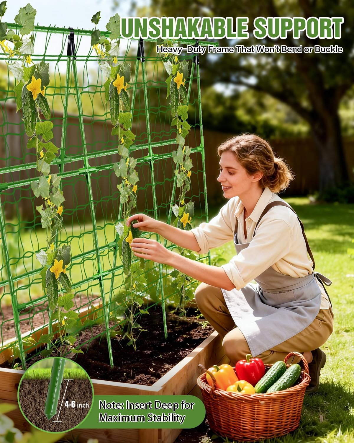 A-Frame Cucumber Trellis for Raised Beds, 47" Hx 57" L Adjustable Size, Garden Trellis for Climbing Plant Outdoors with Climbing Net and Plant Support Clip for Vegetable Vine Pea Bean Tomato
