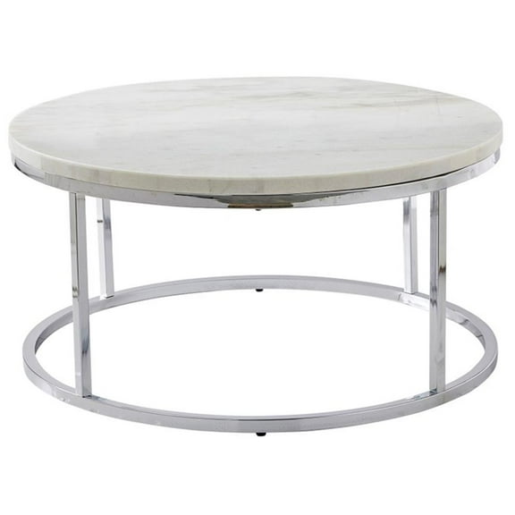 Bowery Hill White Marble and Chrome Metal Round Cocktail Table