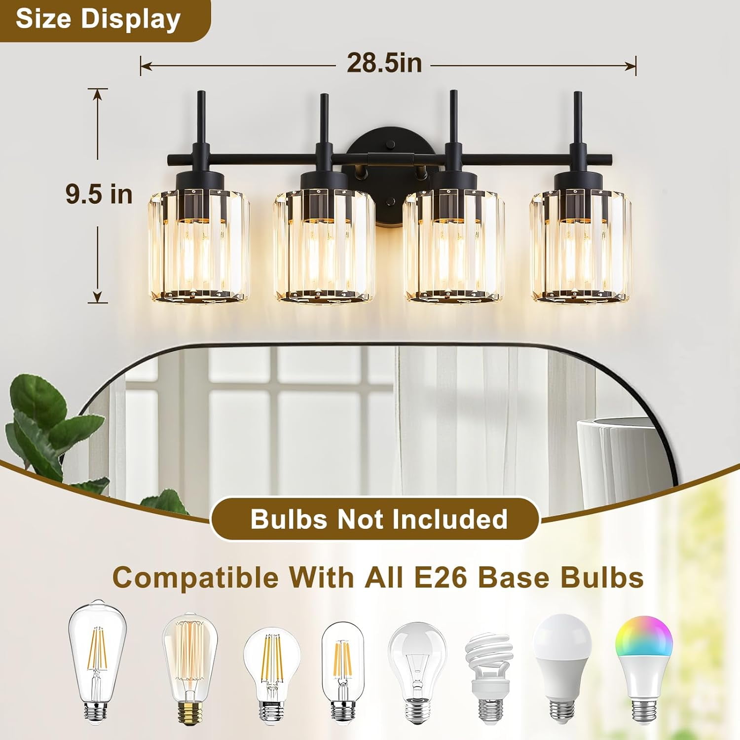 NATYSWAN 4 Light Round Crystal Vanity Lights, Modern Black Crystal Wall Light Bath Mirror Light Fixture Over Mirror Bathroom Wall Sconces for Bathroom Living Room