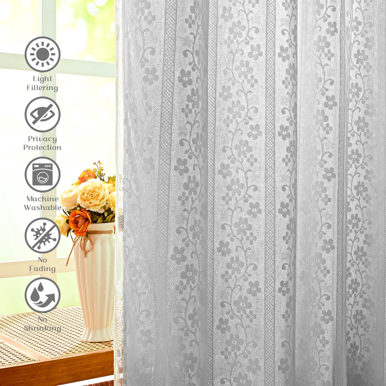 Alishomtll Grey Linen Curtains with Lace Sheer 84 Inches Long, Double Layer Light Filtering Window Drapes for Bedroom Living Room,W52 X L84,2 Panels