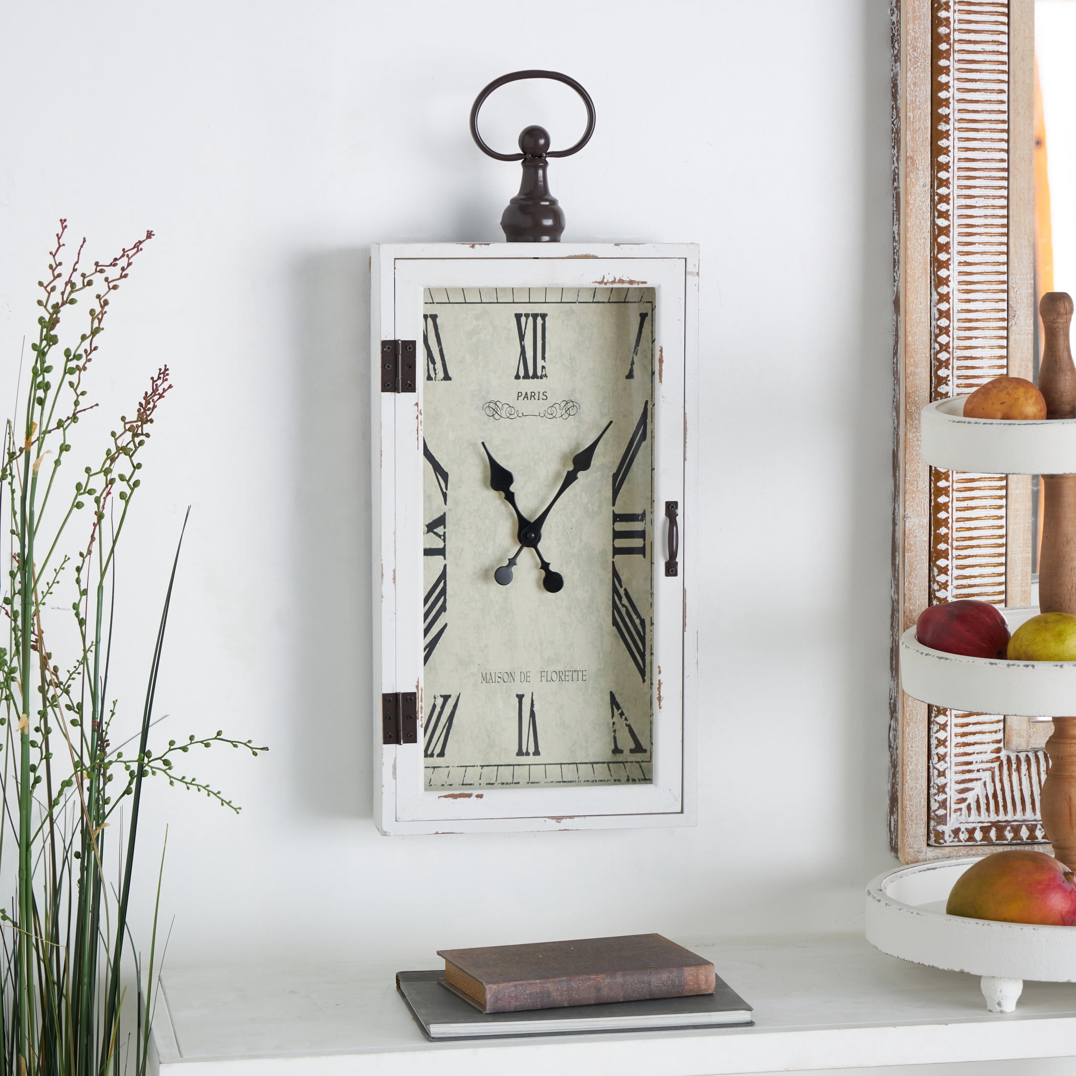 DecMode 12" x 28" White Wooden Vintage Pocket Watch Style Wall Clock with Hinged Door