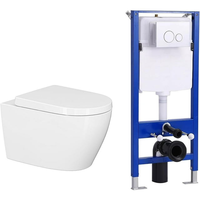 Wall Hung Toilet Combo Set, Concealed In-Wall Toilet Tank Carrier System, Adjustable Wall Mounted Toilet Bowl with Soft-Close Seat,Dual Flush Push Buttons Included, White