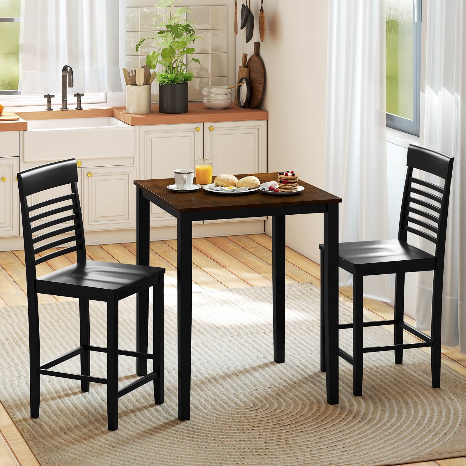 Costway Square Dining Table with Solid Wood Frame Wood Kitchen Table Pub Table for 4-Person Black+Reddish Brown