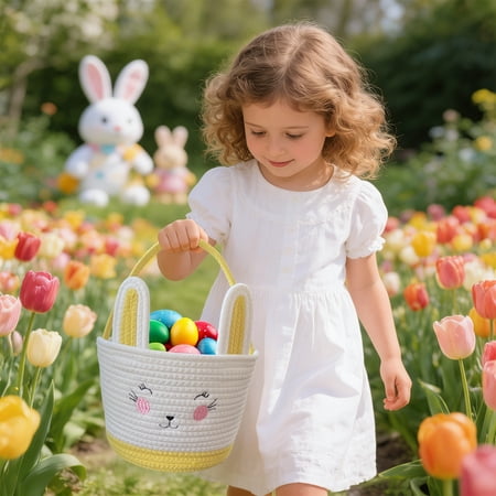 Homekingdee Easter Polyester Woven Storage Basket with Handle – Storage Bin for Toys Blankets Yarn Home Decor for Living Room Bedroom Easter Activities