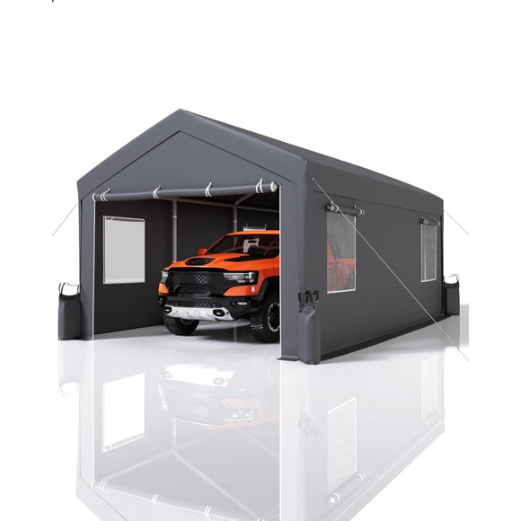 20x10x11 FT Heavy Duty Portable Carport Garage Shelter with Roll Up Doors and Windows, Reinforced Galvanized Steel Frame Waterproof UV Canopy for Vehicle Boat Outdoor Storage, Yellow Gray