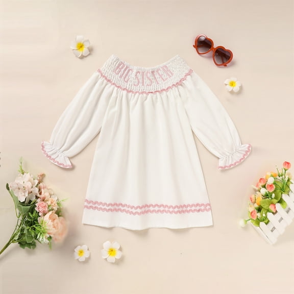 Zehjuhan Girls Casual Smocked Dress with Embroidered "BIG SISTER" Text and Lantern Sleeves for Spring and Fall White,18-24M