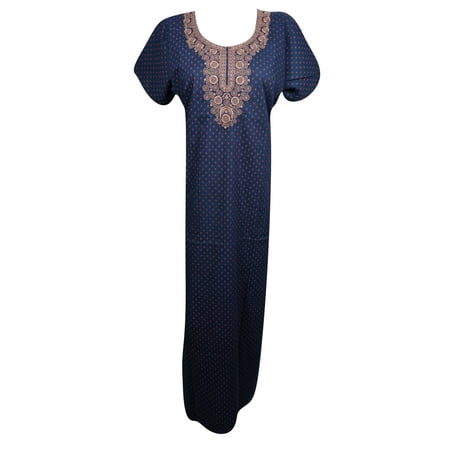 Short Caftan - Mogul Womens Cotton Maxi Caftan Dress Neck Embroidered Short Sleeves Summer Fashion Beautiful Evening Kaftan Nightgown Sleepwear L