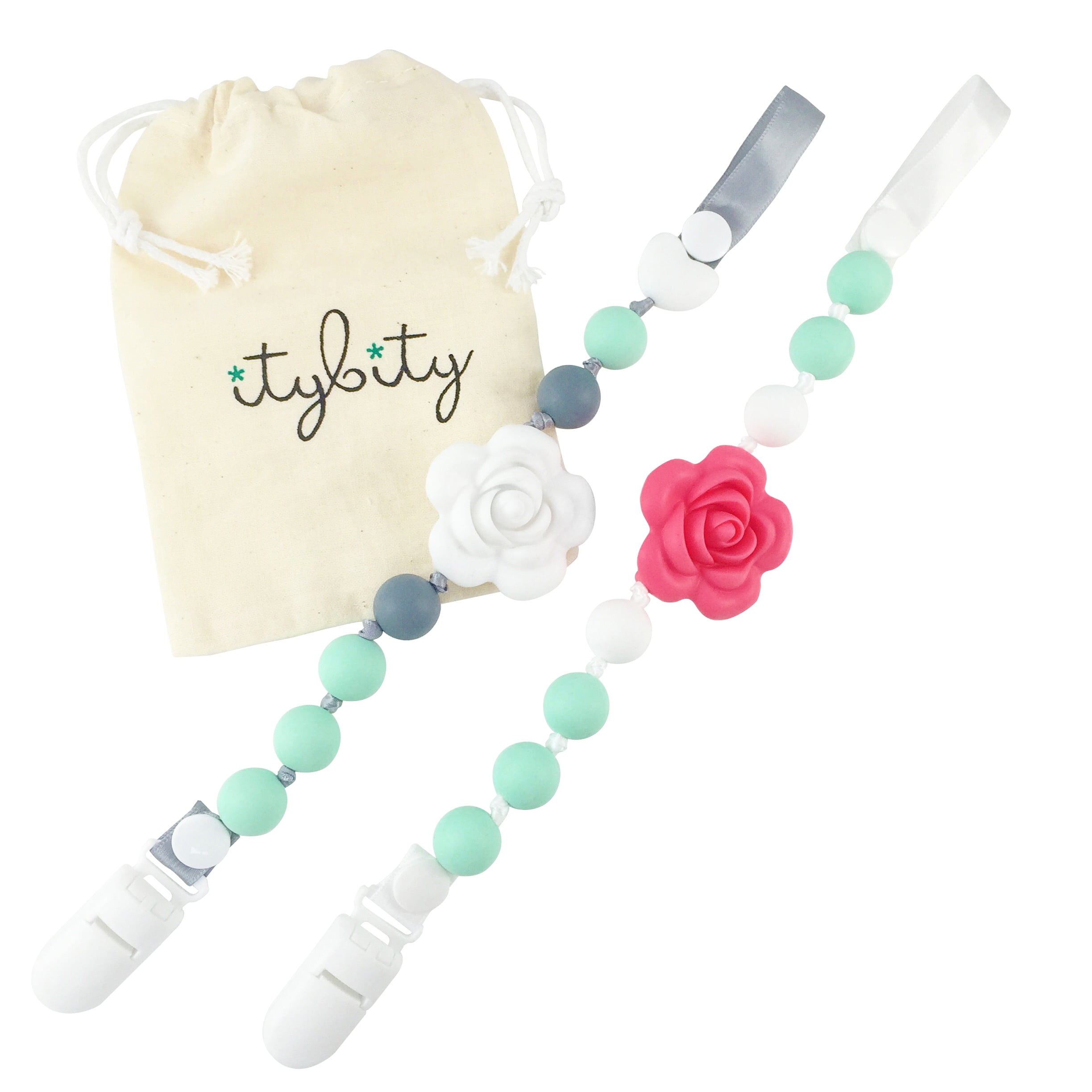 Silicone pacifier and teether clips set of 2 