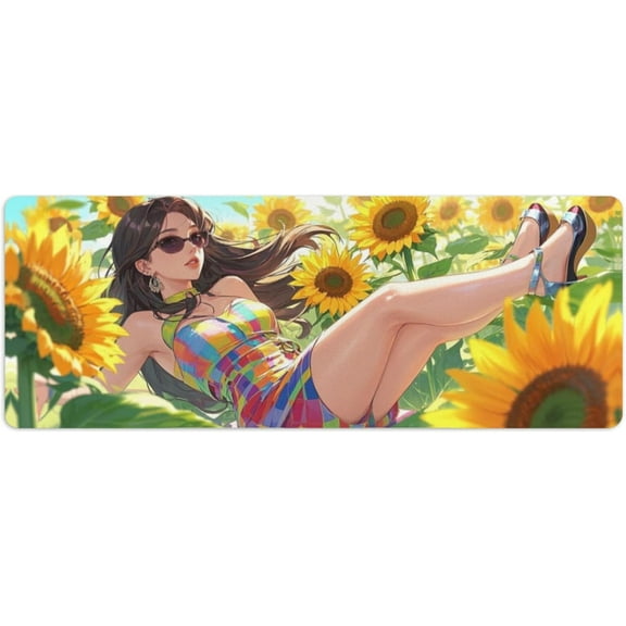 Retro Anime-Style Sunflower Girl Mouse Pad | Extra Thick Waterproof Desk Mat | Non-Slip Large Extended Surface (31.5x11.8 Inch) for Computer Keyboard & Home/Office Use