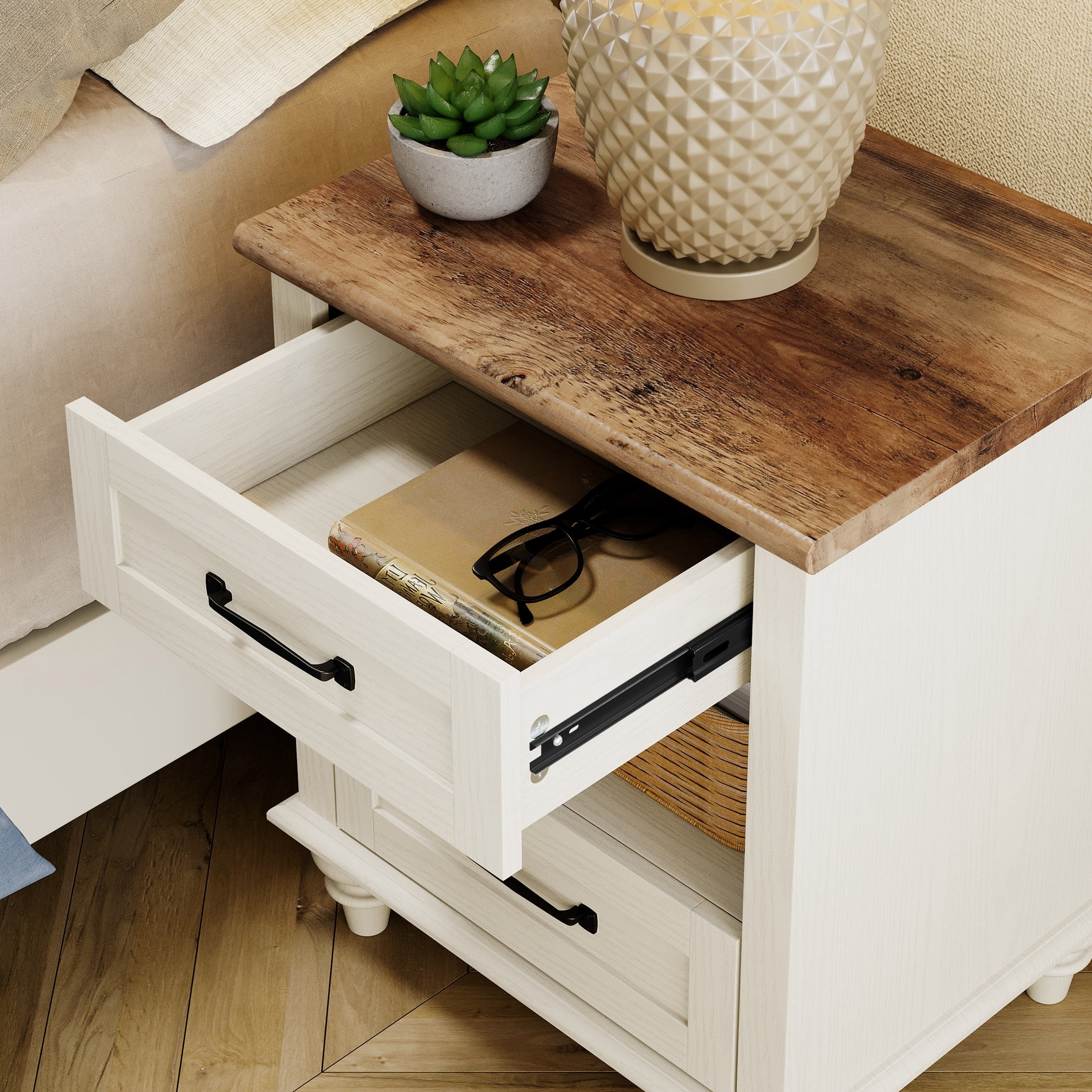White End Table with 2 Drawer&Open Shelf,Wood Nightstand Bedside Table for  Bedroom, Living Room