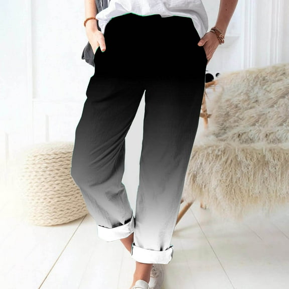 Linen Pants for Women Plus Women Work Pants Spring Printed Elasticated Waist Full Length Casual Pants Nine-Point Pants