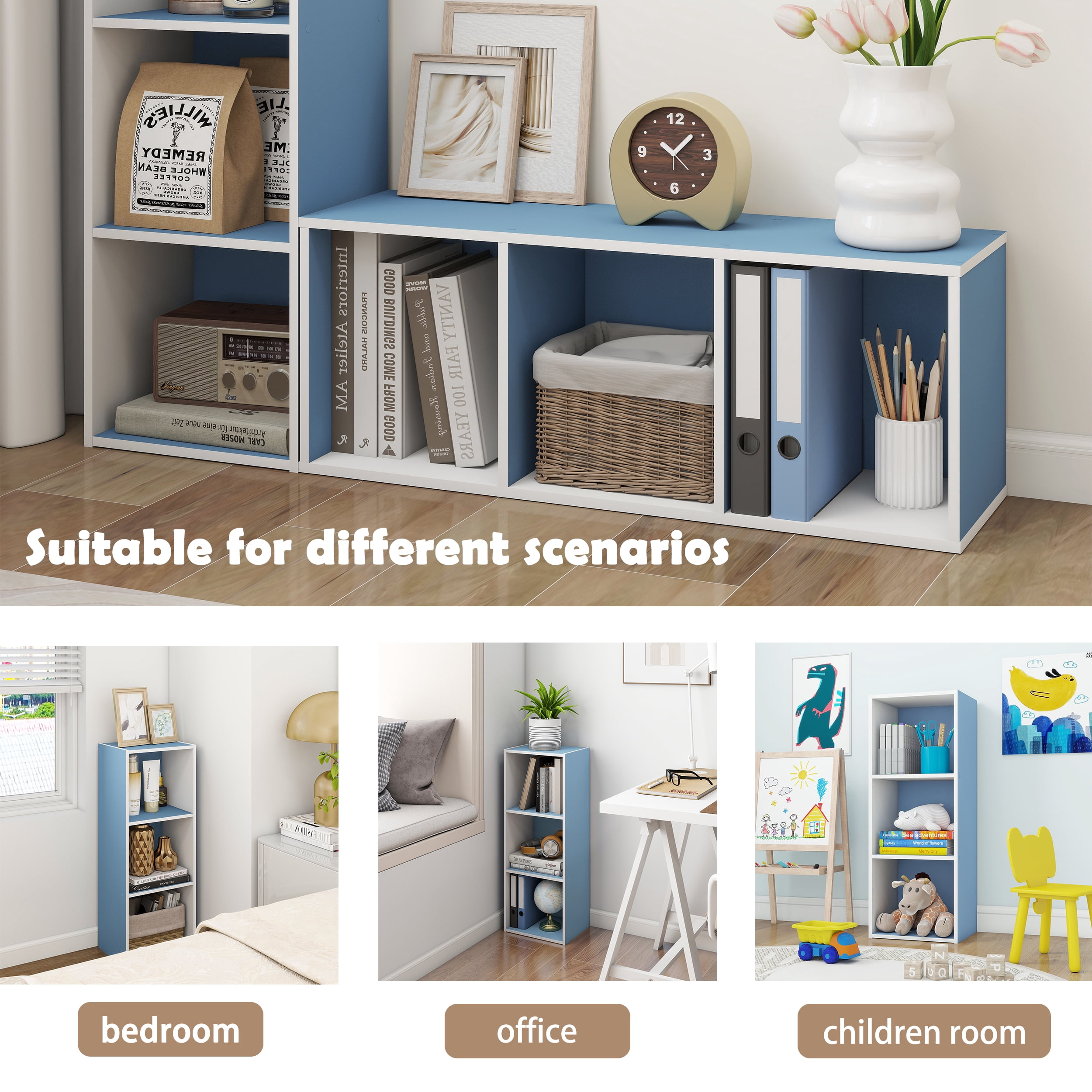 HOMLUX Luder 3-Tier Cube 31.5" Bookcase, Wood Storage Shelf, Small Bookshelf for Home Office & Bedroom, White & Blue