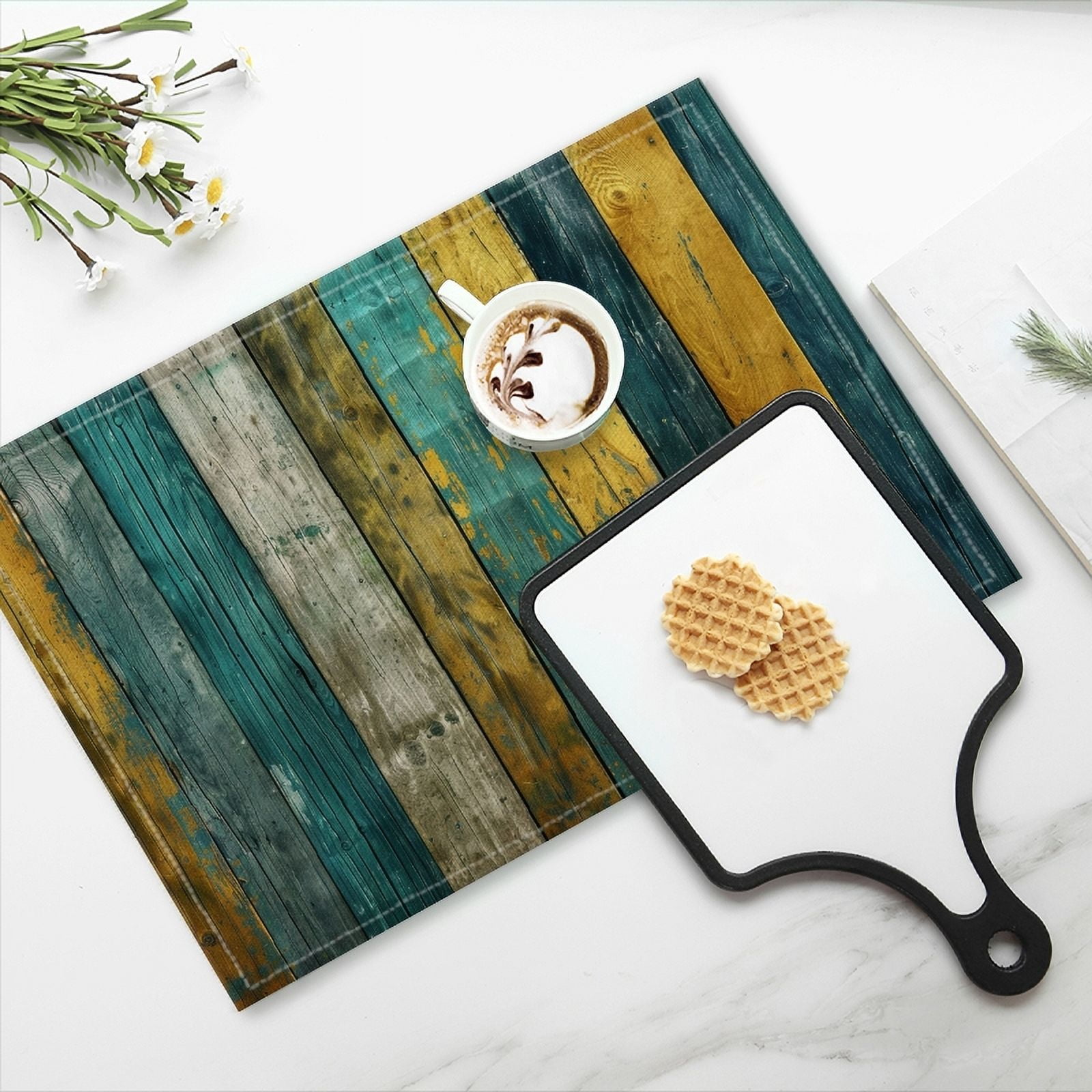 BaHomeck placemats Set of 4 Colorful Wooden Planks In Teal And Yellow Cotton Linen rectangle Placemats for Kitchen Dining Table Indoor,Outdoor,18*12inch