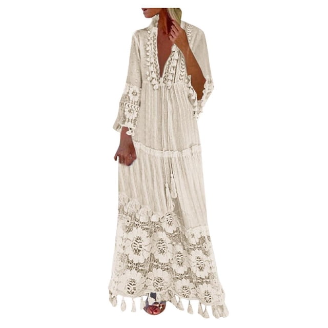 CHOK Robe Bohème d'Été pour Femmes, Robe Maxi Décontractée Grande Taille, Couleur Unie, Col en V, Robes Soleil, Dentelle à Franges, Longue Robe