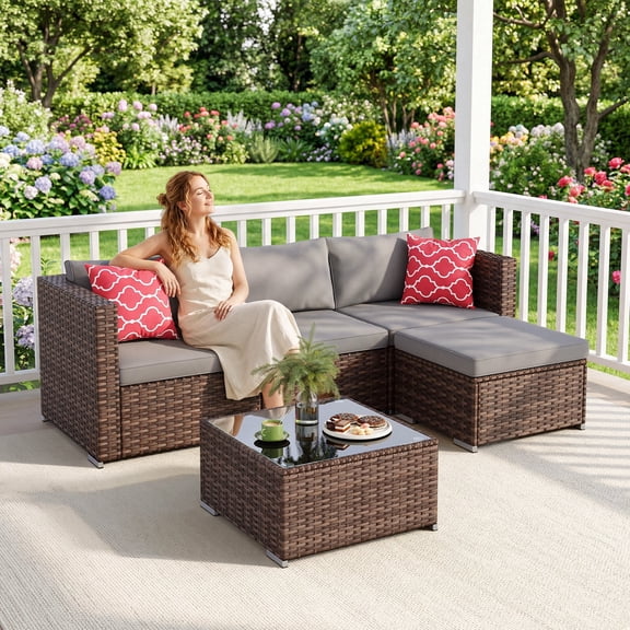 Noelse 5 Piece Patio Furniture Set, Outdoor Sectional Conversation Set with Wicker Rattan Chairs and Coffee Table, Backyard Patio Set for Poolside, Garden, Gray