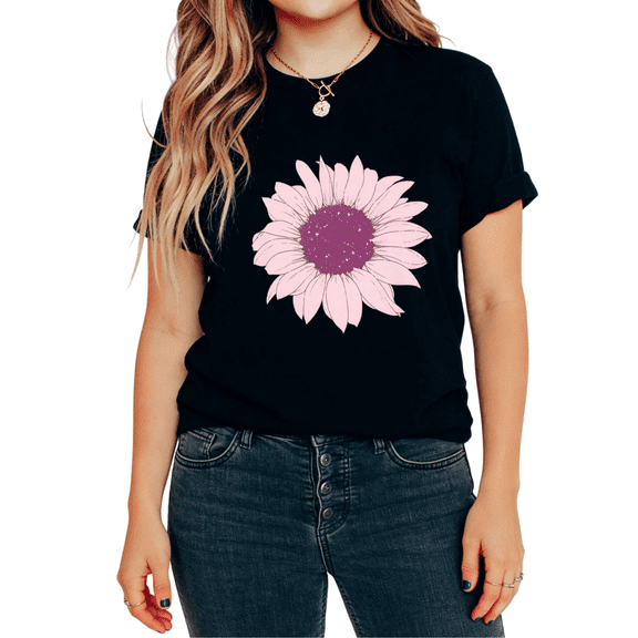 UNISHE Women's Pink Sunflower Minimal Floral Aesthetic Botanical Graphic Tops Short Sleeve T-Shirt Breathable
