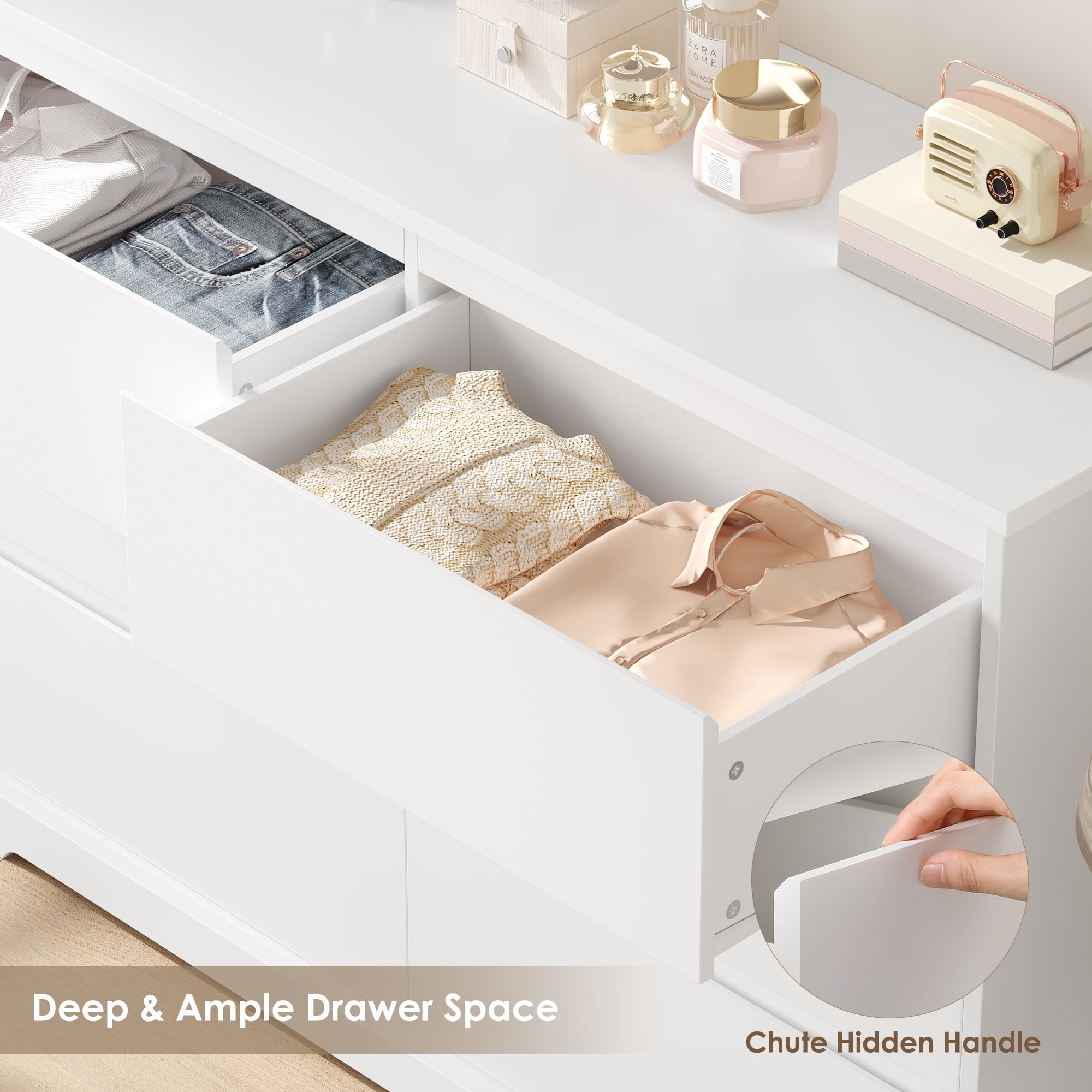 Homfa 6 Drawer Double Dresser, 47.2'' Wood Storage Side Cabinet Chest of Drawer for Bedroom Living Room, White