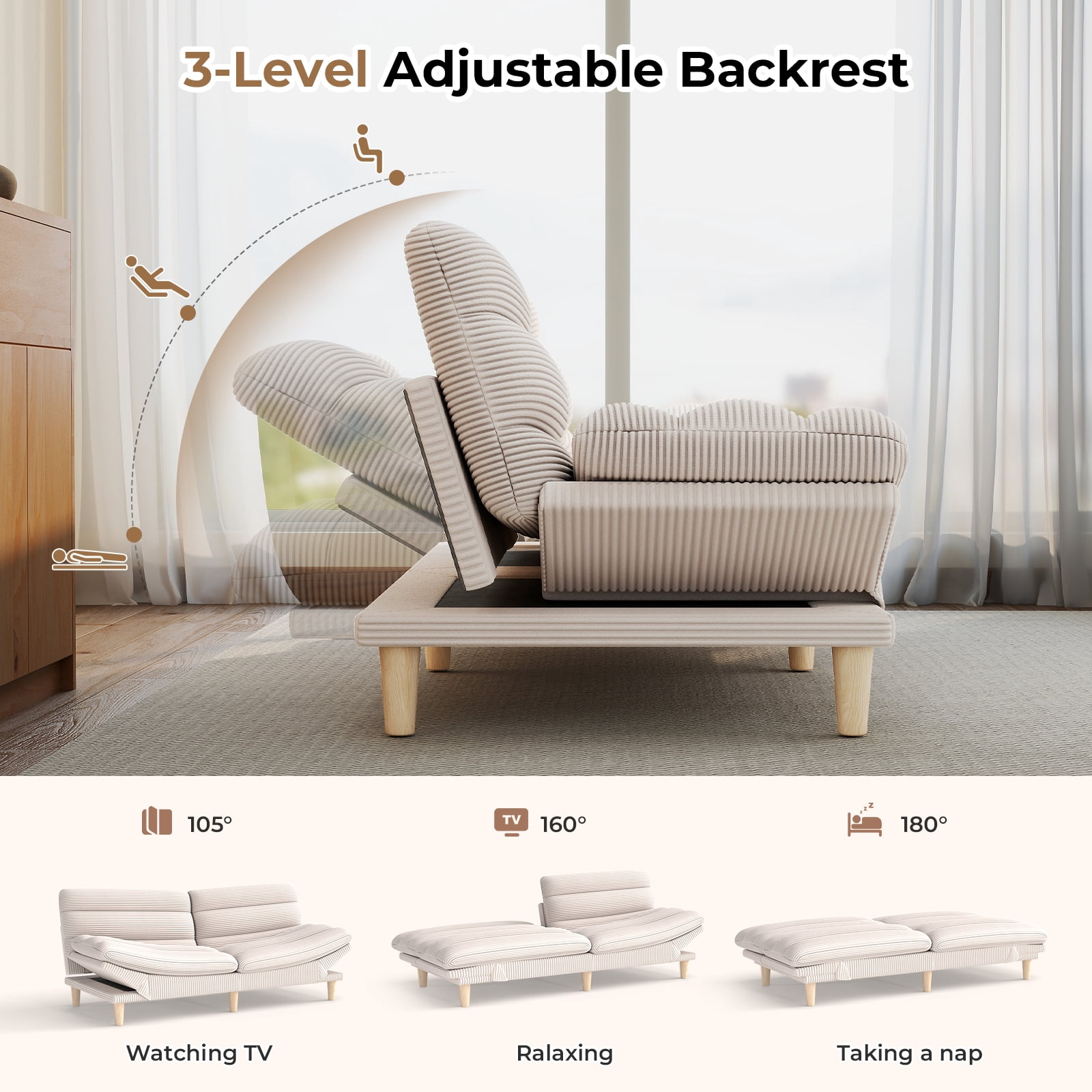 Ebello Convertible Futon Sofa Bed, Fabric with 3-Position Reclining Backrest and Adjustable Armrests for Living Room Apartment Office, Beige