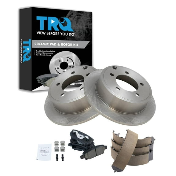 TRQ Rear Brake Pad & Rotor Kit Brake Pads Brake Rotor Parking Brake Shoe Set Ceramic Fits Select 2014 Dodge Avenger