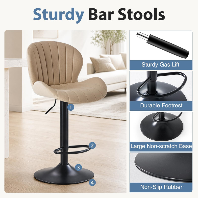 Kelno Swivel Bar Stools Set of 2 Adjustable Height Linen Seat with Backrest 360° Swivel for Kitchen Island, Beige