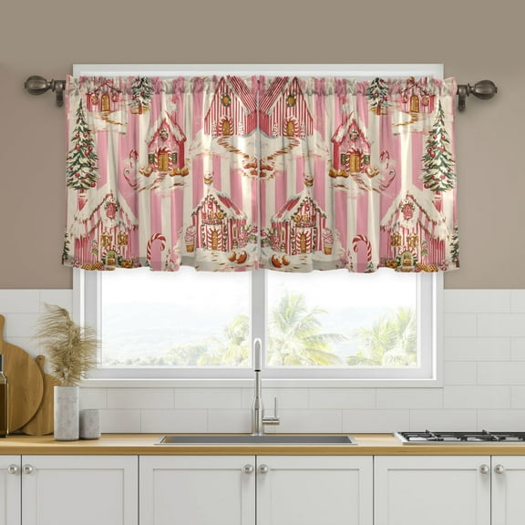 Yayeee Kitchen Curtains Set of 2 Light Filtering 57"x24" Over Sink Window Panels, Beige Gingerbread Houses