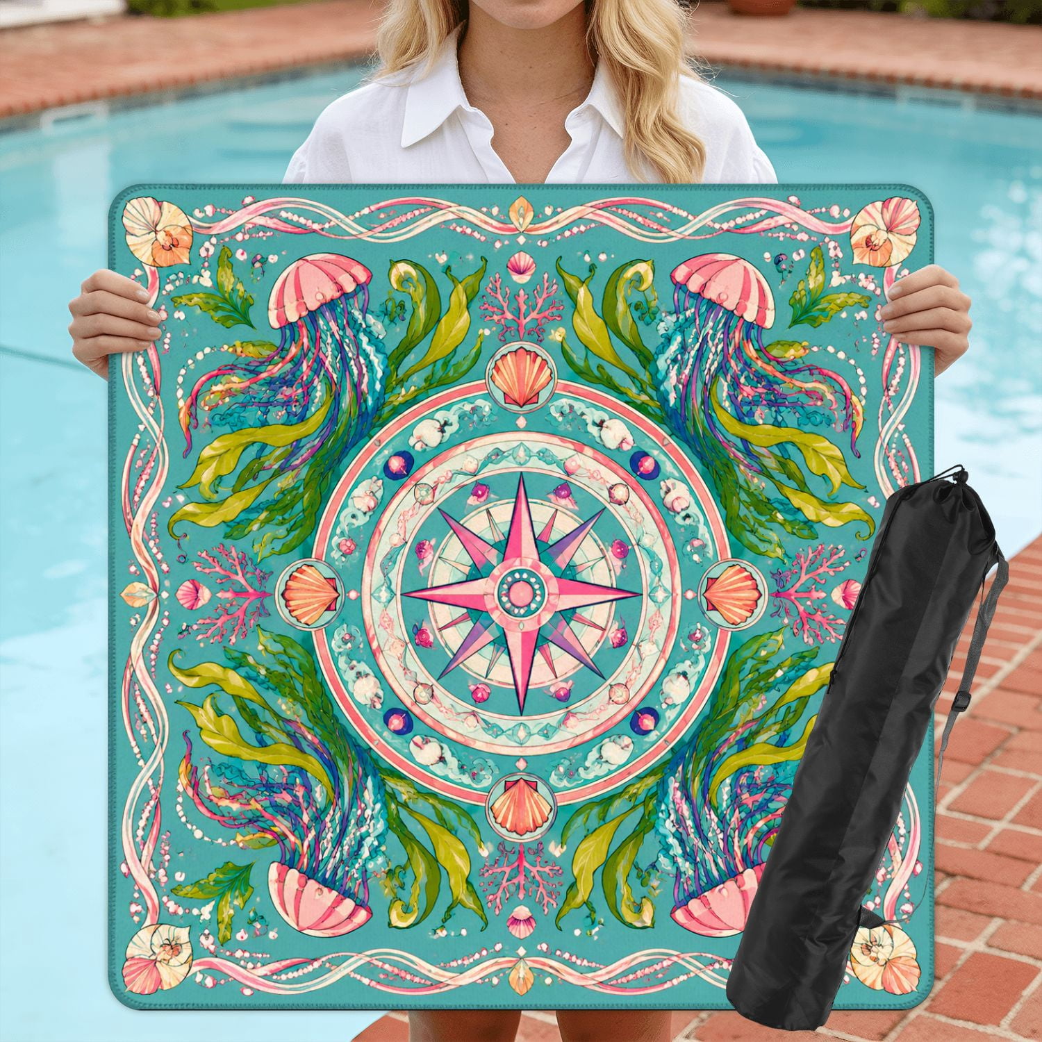 Mahjong Mat 31.5" x 31.5" Colorful Floral Mandala Protea Flowers Seaweed Nautical Compass Non-Slip Noise Reduction American Mahjong Tiles Table Cover for Dominoes Poker Card Board Games Gift