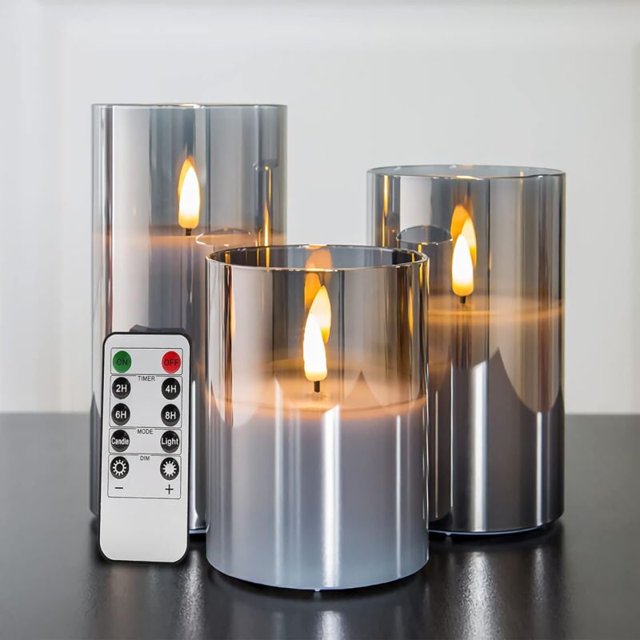 Silver Grey Glass Flameless Flickering Candles with Remote Control, 3 Pack Realistic LED Fake Candles ∅ 3" H 4" 5" 6"