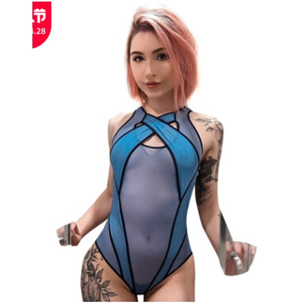 TRKIYQC Mujeres Moda Color Block Patchwork Body Sexy Sin Mangas Malla Transparente Body TRKIYQC moderno