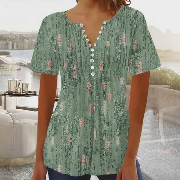 ALLLIST Womens Tops Under $10 Green V-Neck Graphic Button Short Sleeve Embellished T-Shirts Womens Shirts Plus Size L