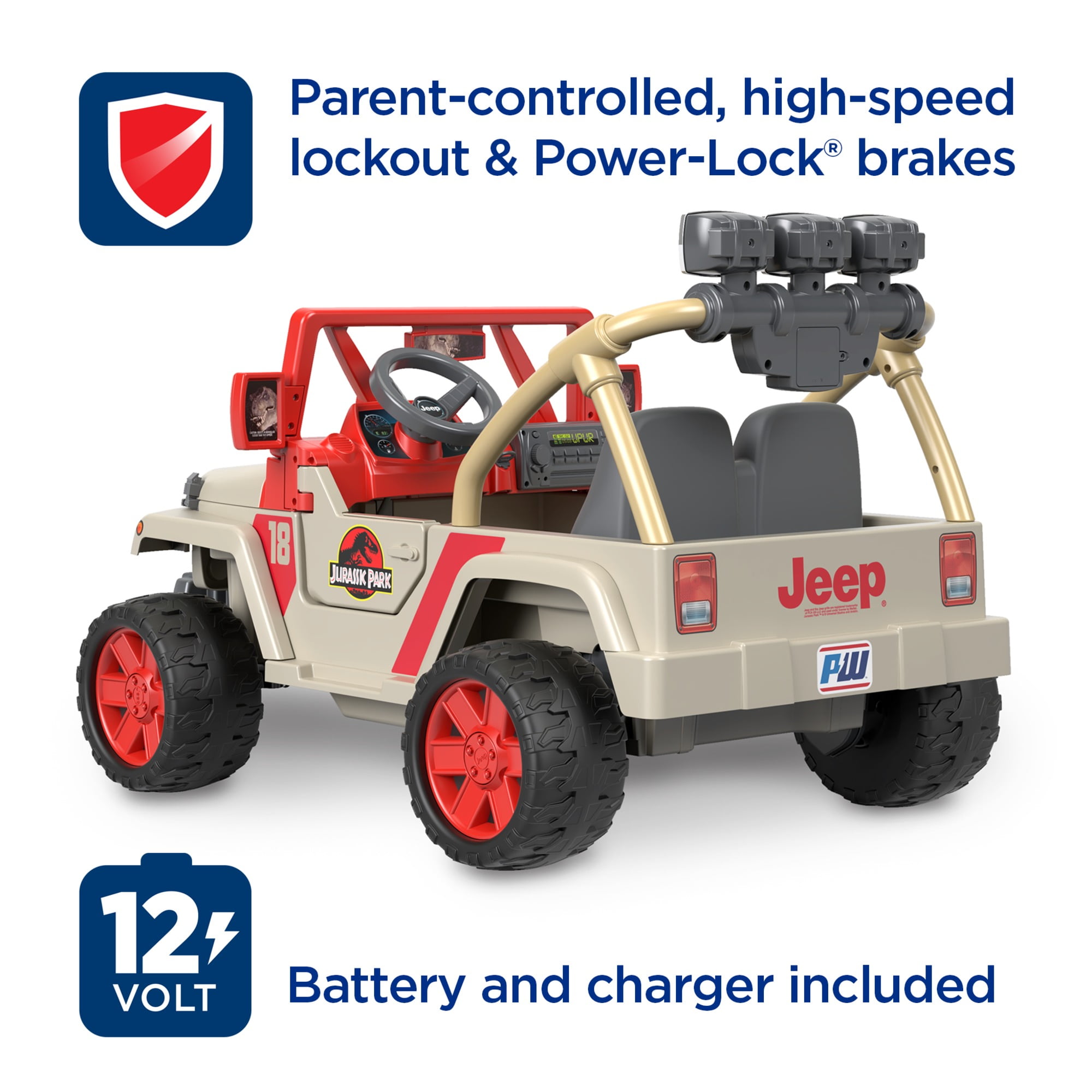 Power Wheels Jurassic Park Jeep Wrangler Battery Powered Ride on Toy 12 V Max Speed 5 mph