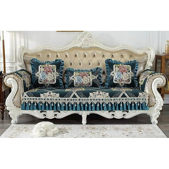 Nvzi Luxury Floral Jacquard Sofa Cover with Ruffled Super Soft Chenille Couch Cover Non-Slip All Season Sofa Slipcover for Dogs, Children, Pets Furniture Protector (Dark Green,28"x28")
