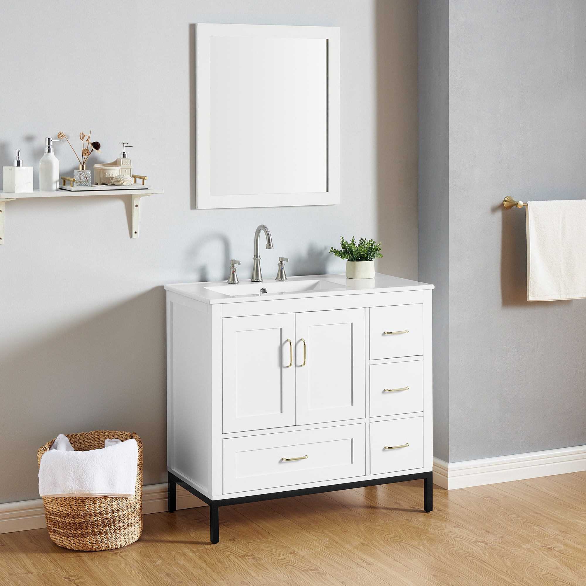 PORKISS Bathroom Vanity, Wooden Bathroom Vanity with Pedestal Under Sink, Freestanding Render Vanity with 2 Doors and 4 Drawers, Modern Vanity Cabinet for Bathroom, White
