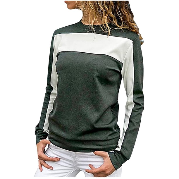 Moda mujer Patchword manga larga transpirable cuello redondo camisa blusa Tops Fridja czfsfas388