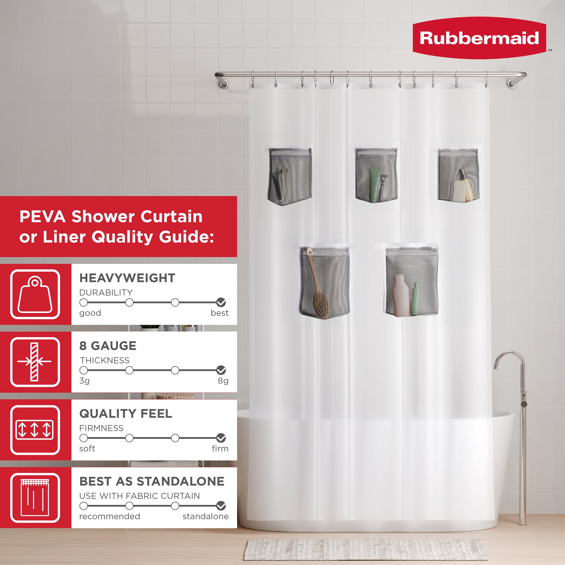 Rubbermaid Frosty Heavyweight PEVA Shower Curtain Liner with Storage Pockets, Waterproof, BPA-Free, 70" x 72"