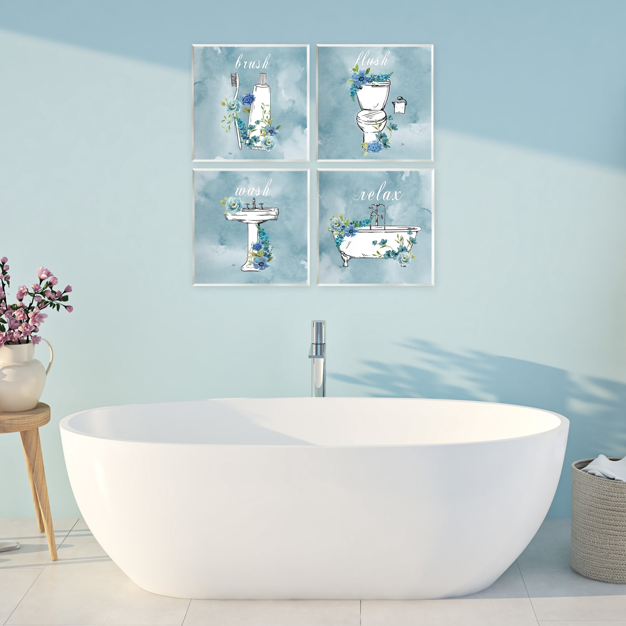 Stupell Industries Blue Floral Bathroom Rules 4 Piece Wall Plaque Art Set, design by Nan