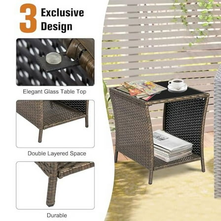 KINTNESS Wicker Rattan Side Table Outdoor End Table Patio Courtyard Coffee Bistro Glass Table with Storage