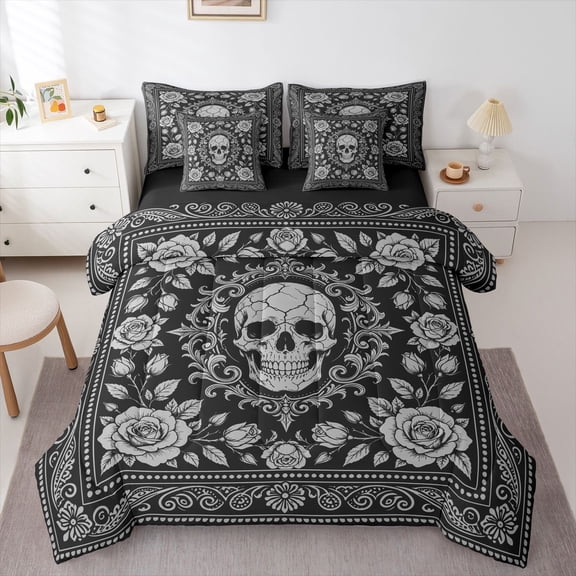 Homewish Bohemian Skull Damask 7-Piece Twin Bedding,Halloween Bedding Comforter Set,Black Gray,Black Reversible