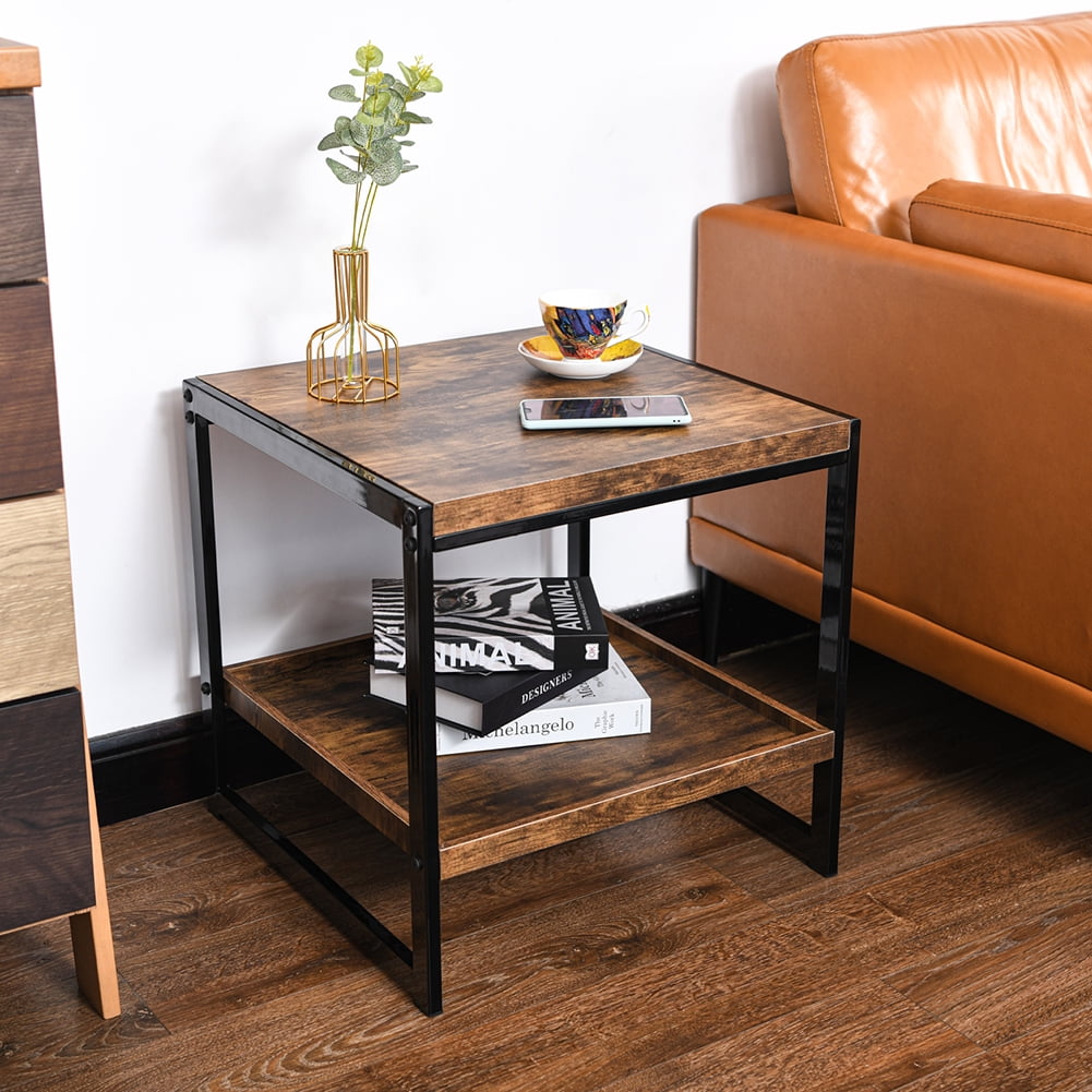 Kepooman 2-Tiers Bedside Table with Strong Metal Frame, Heavy Duty Load Nightst & High-Quality MDF Board, Rustic Brown